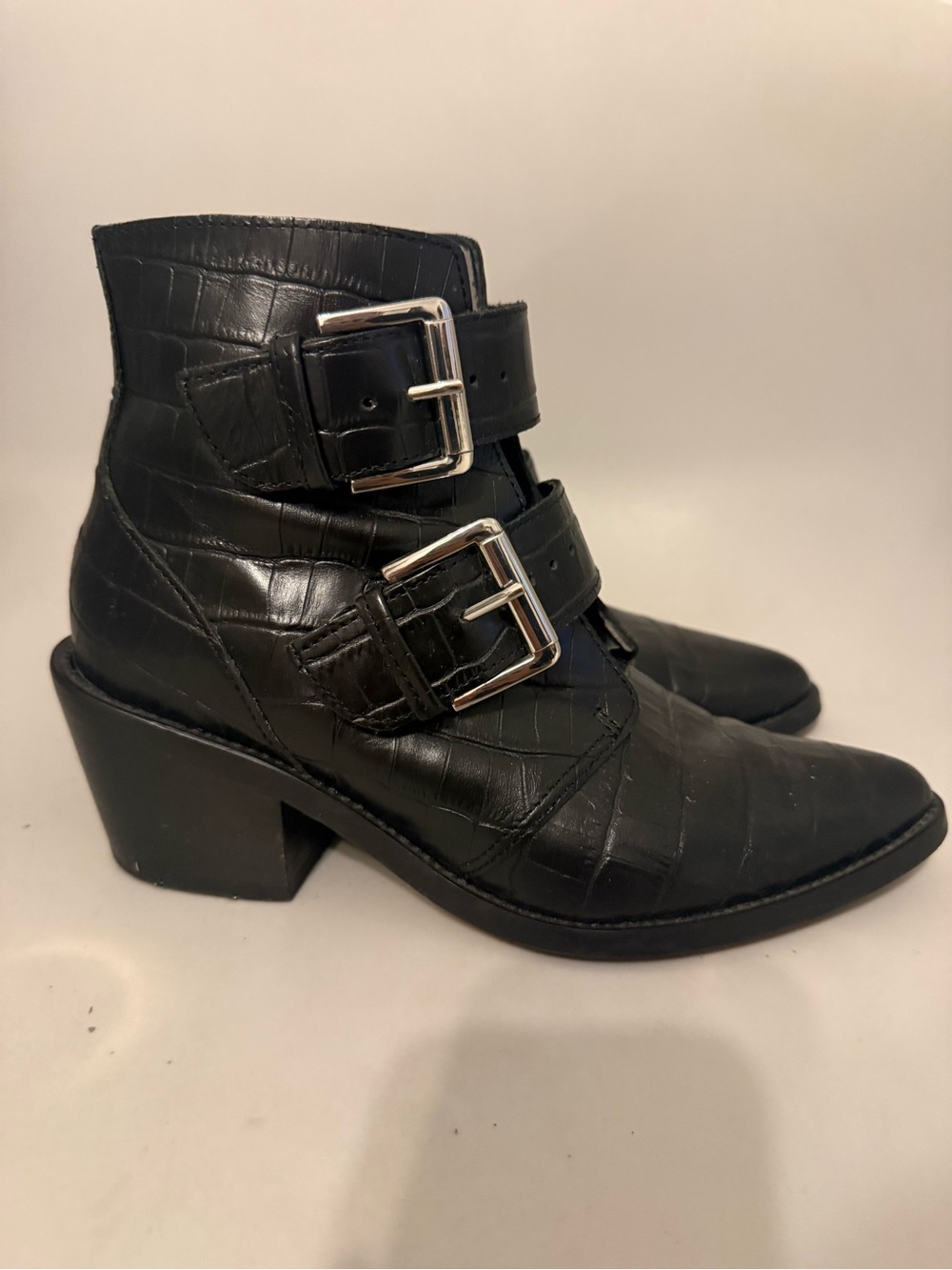 Steve Madden Black Croc-Embossed Buckle Ankle Boots